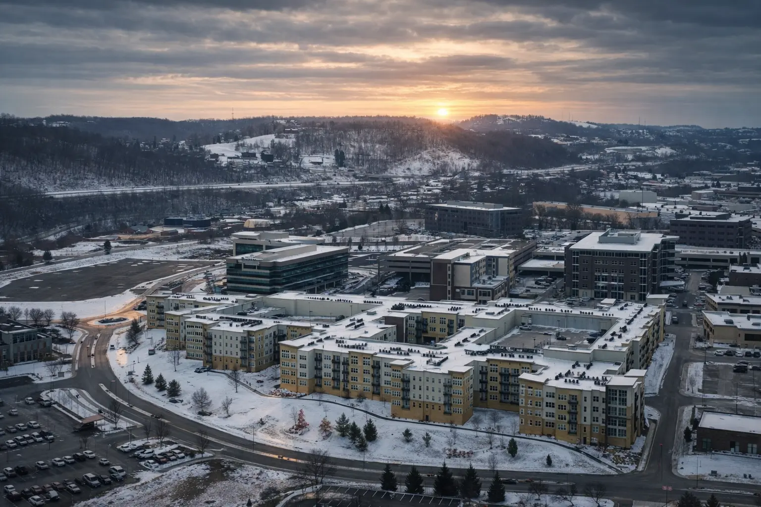 Winter sunset over buildings