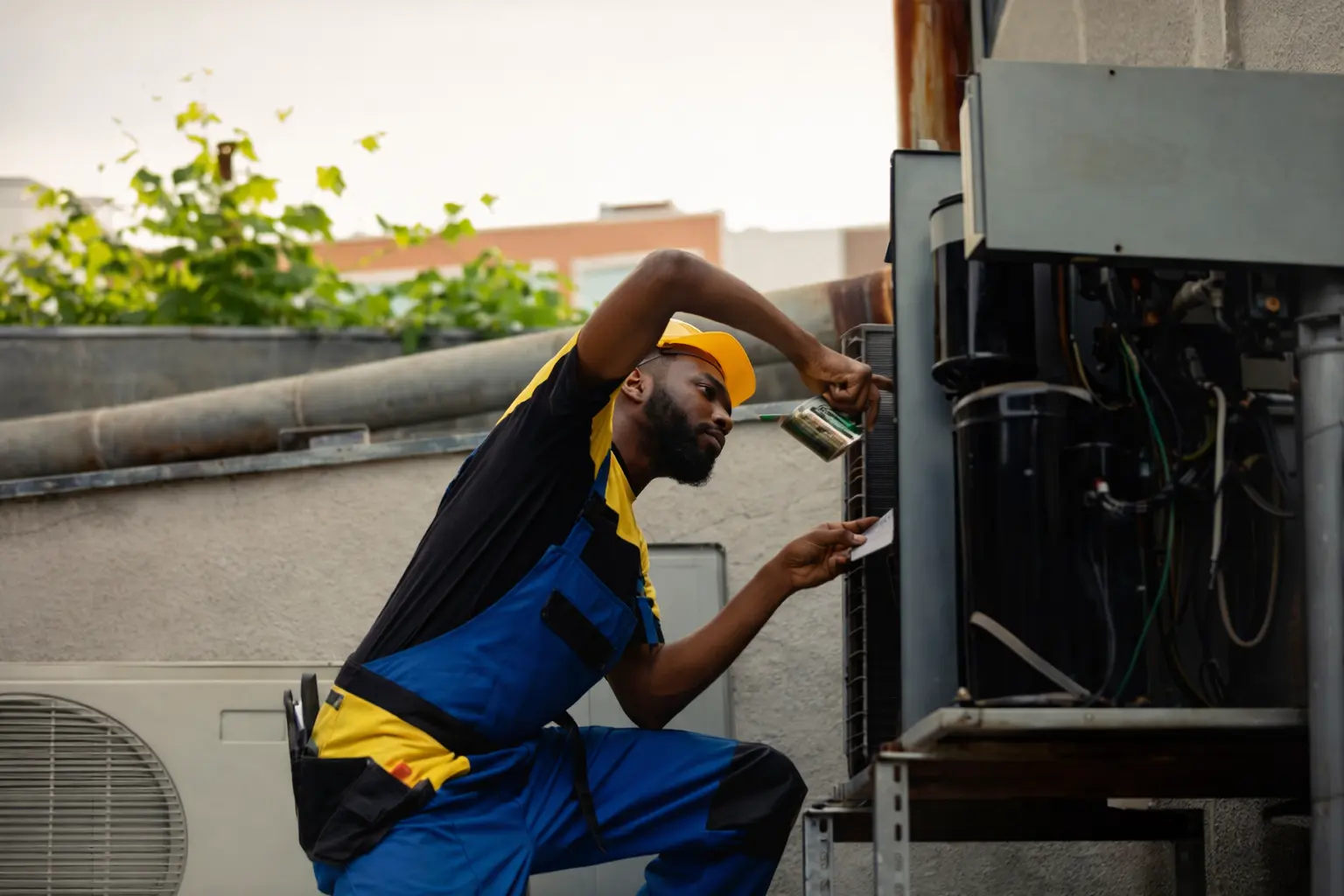 HVAC technician works on unit