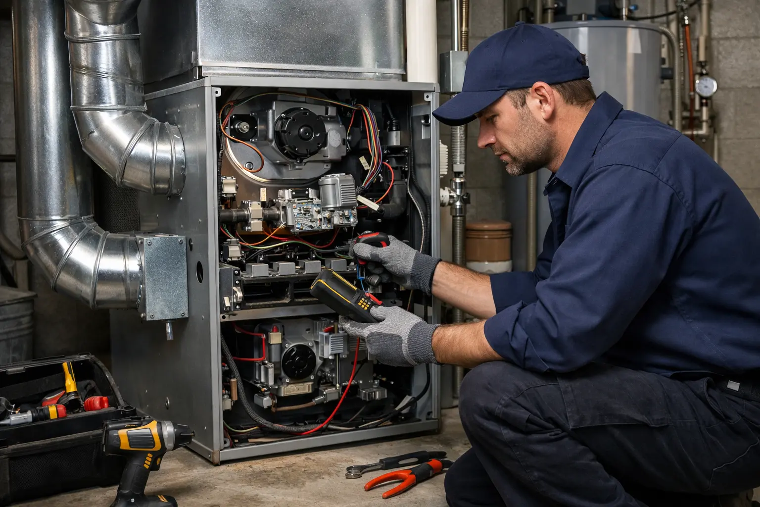 Furnace repair technician working on system