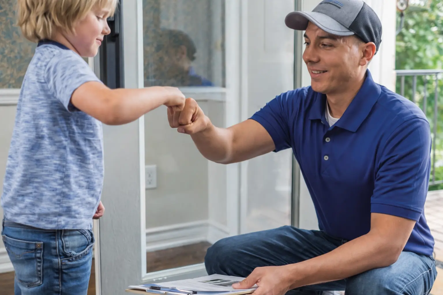 Delivery man fist bumps child