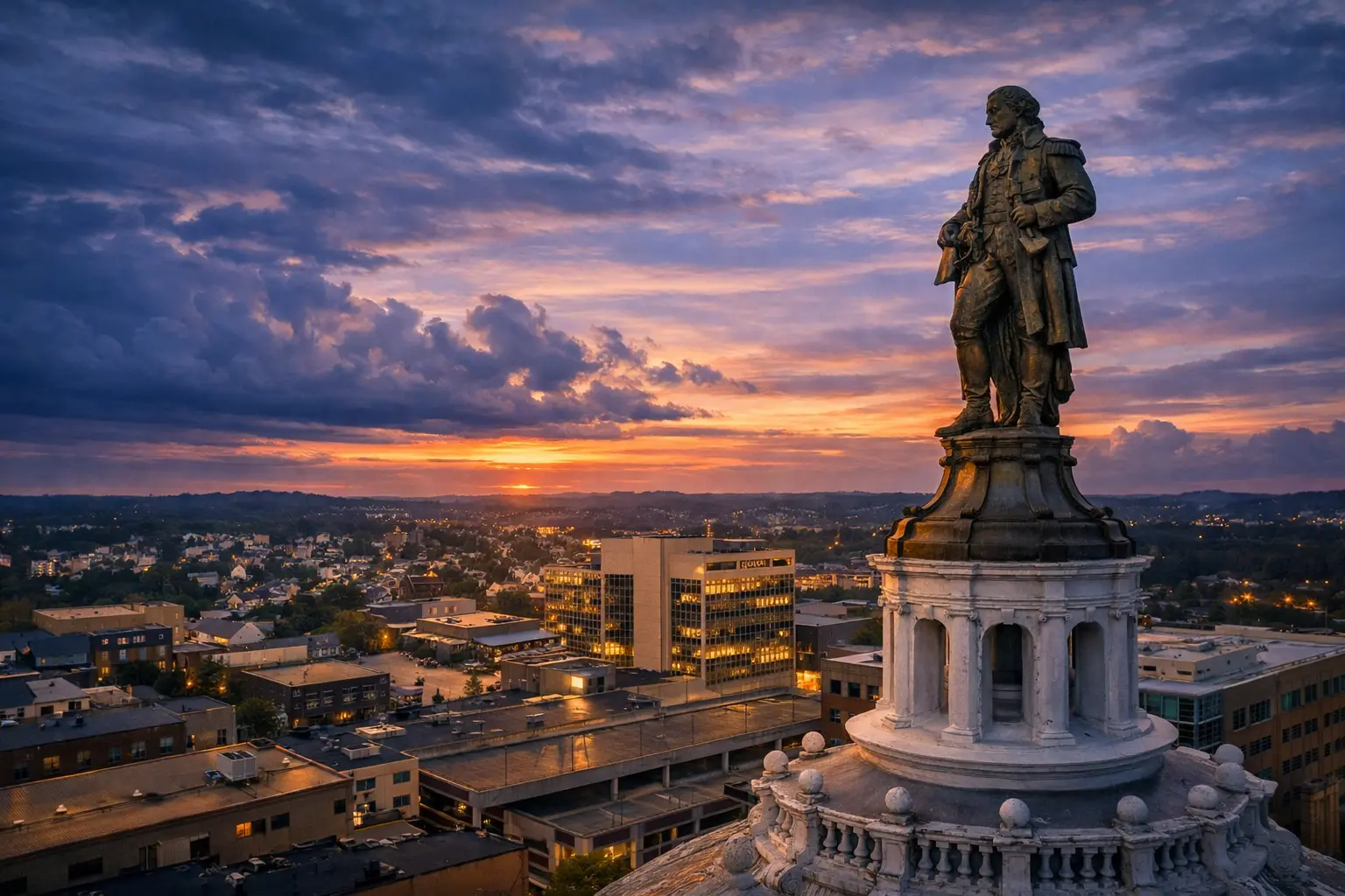 Historic statue at sunset