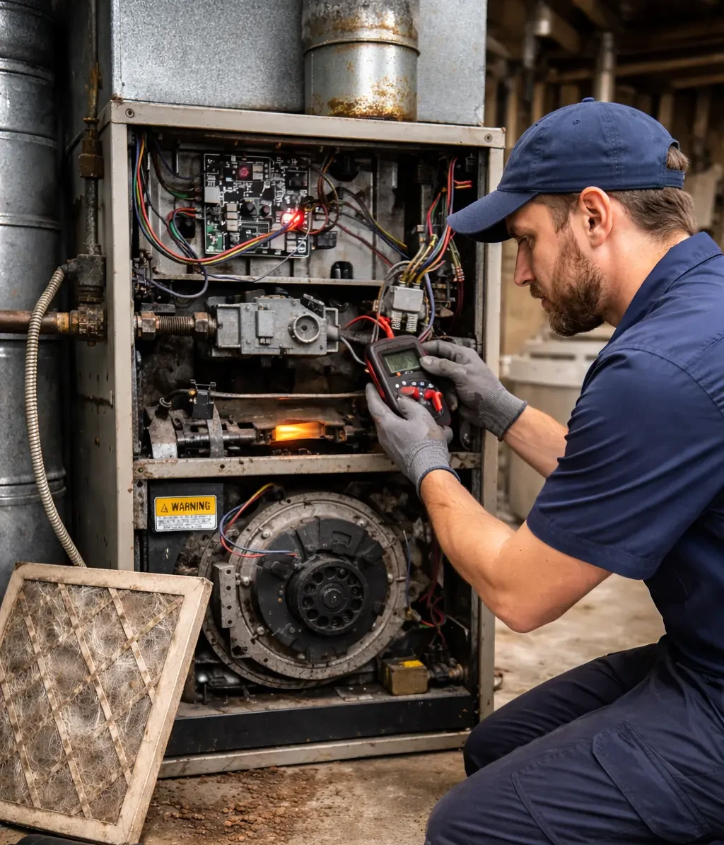 Technician repairs furnace system