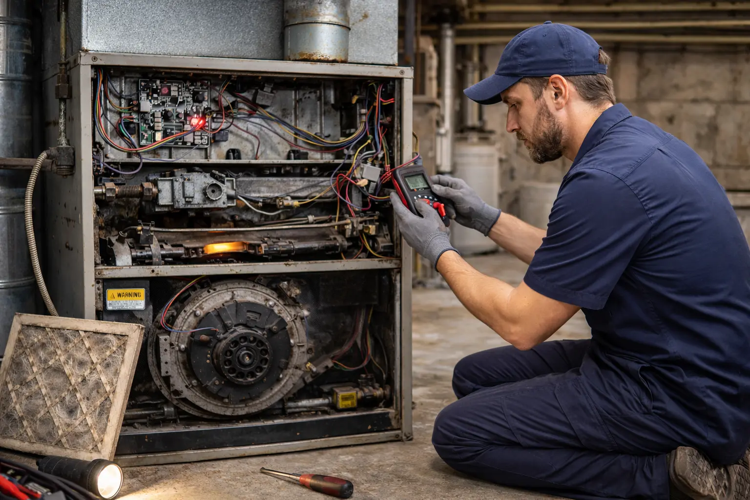 Furnace repair technician at work