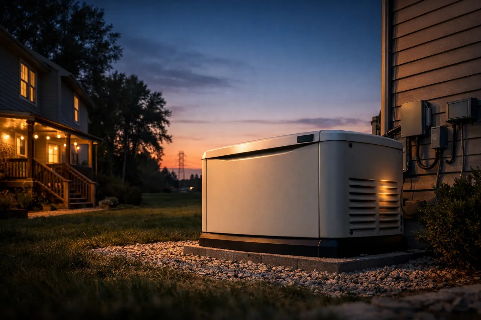 Home standby generator at dusk