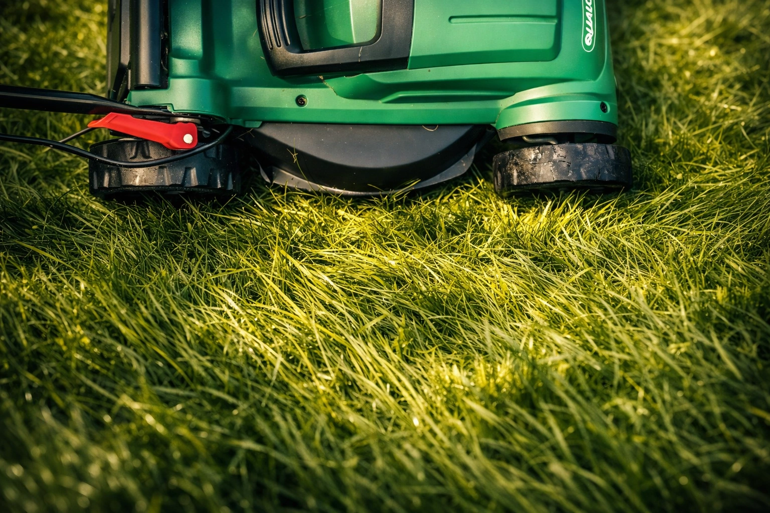 Lawnmower cutting green grass