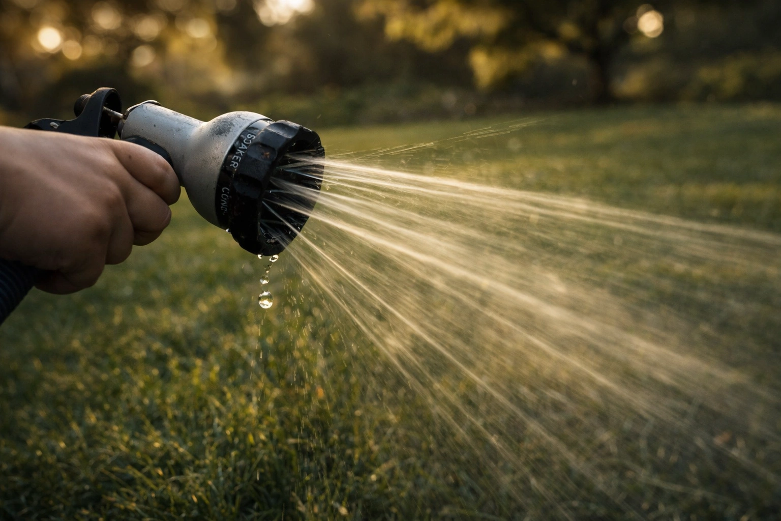 Watering grass with hose nozzle