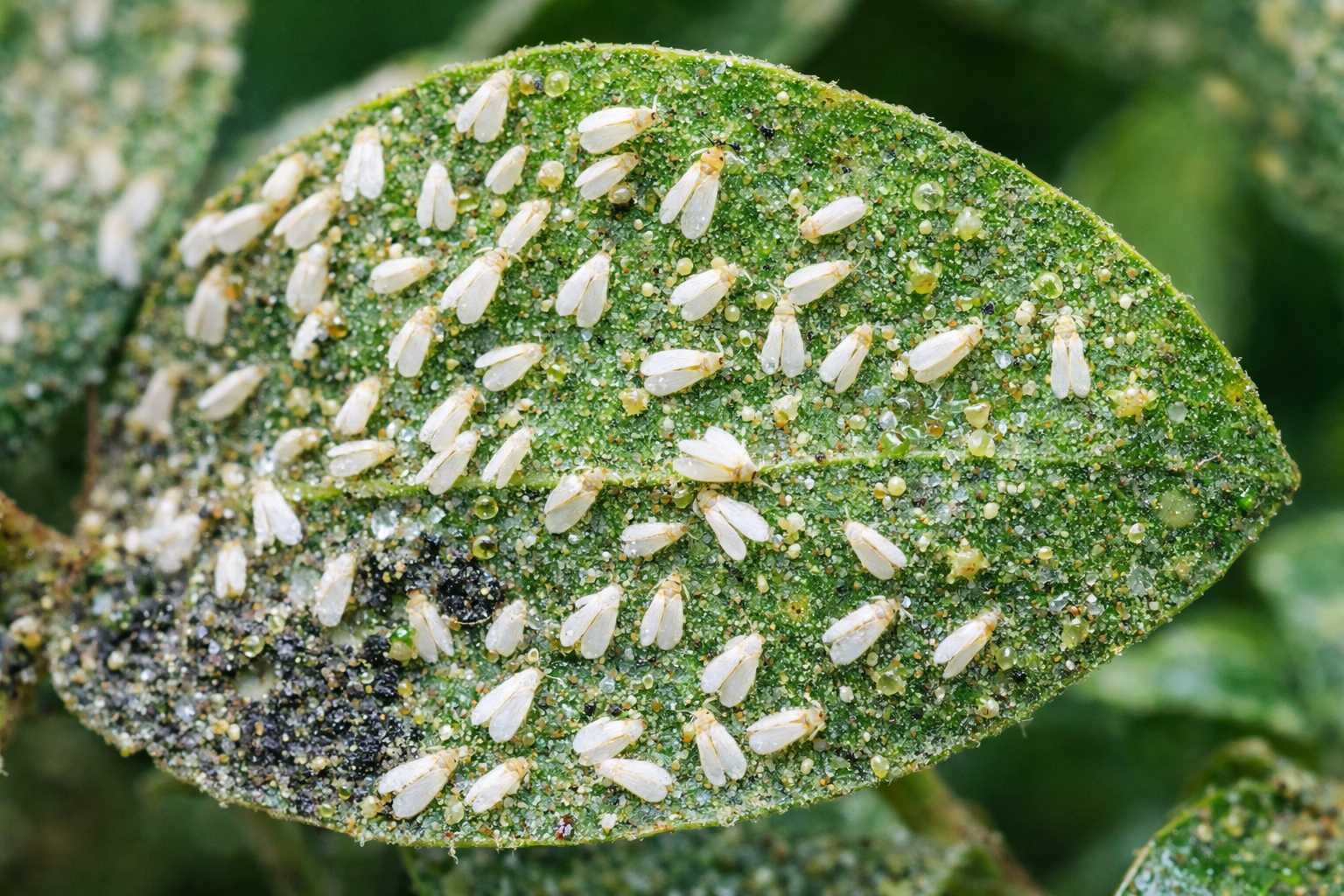 whitefly infestation on a leaf