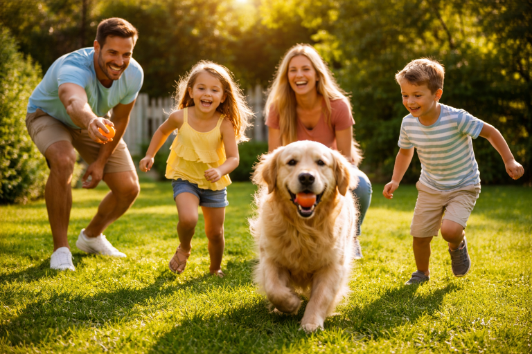 Family with dog playing in a yard