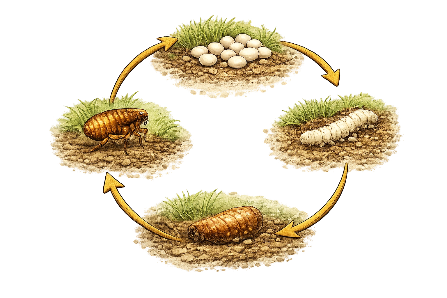 Fleas develop through four life stages—egg, larva, pupa, and adult. Because eggs and pupae are often hidden in soil, grass, and shaded areas, effective flea control requires properly timed, recurring treatments that interrupt the entire life cycle.