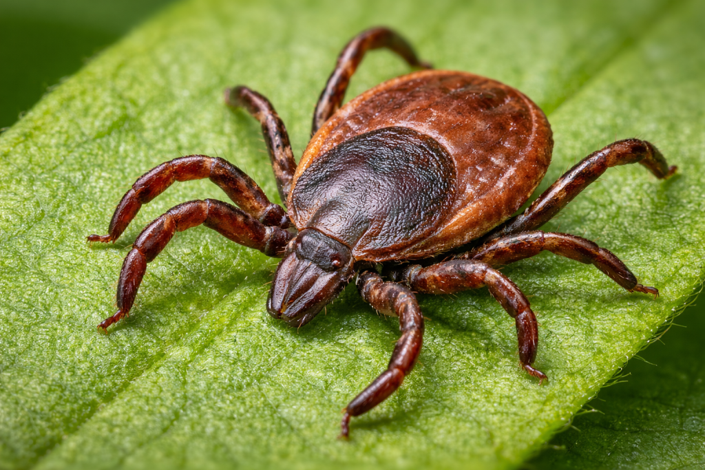 Brown tick on green leaf
