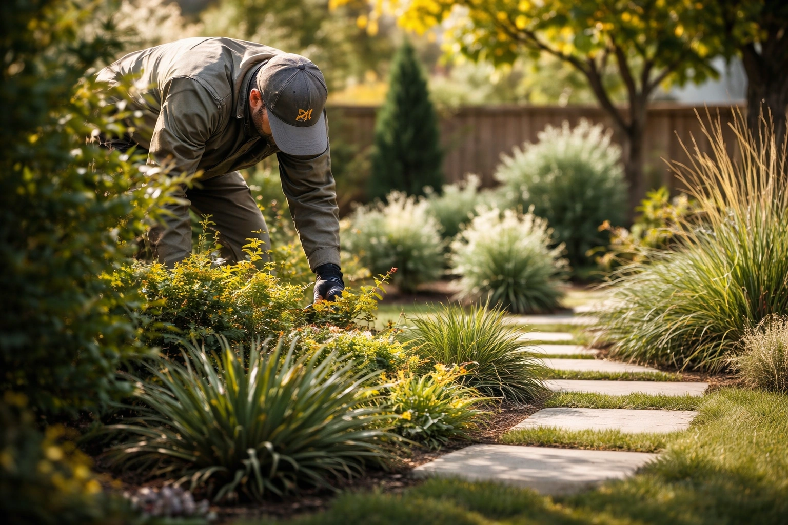 Gardener tending to lush plants.